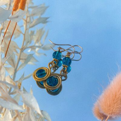 Gold - Glass Stone - Drop Earrings - Dark Turquoise