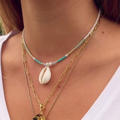 Cowrie Shell - Beaded Necklace - Turquoise