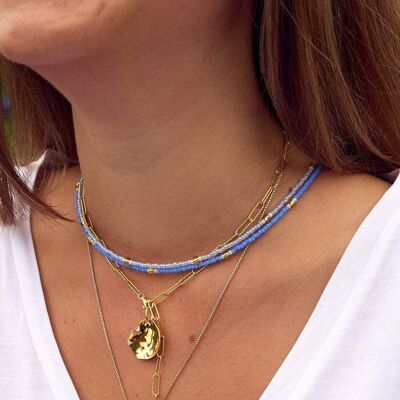 Gold - Beaded Necklace - Sapphire Blue -