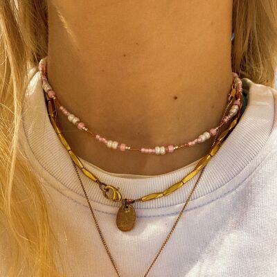 Boho - Beaded Necklace - Pink and White