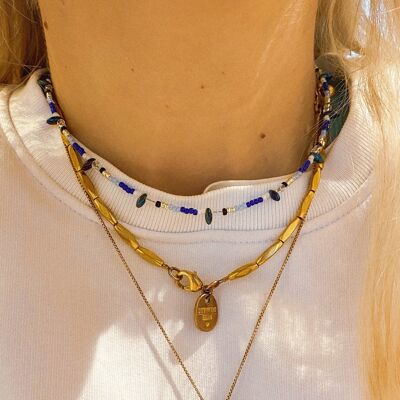 Boho - Beaded Necklace - Navy Blue and White