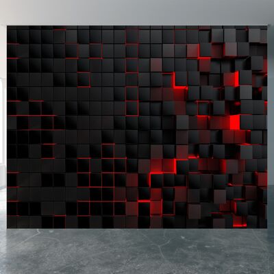 Mural de pared con cuadrados negros y rojos