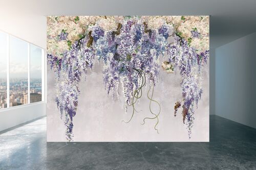 Lilac branches on the Gray Background Wall Mural Wallpaper Wall Art Peel & Stick Self Adhesive Decor Textured Large Wall Art Print