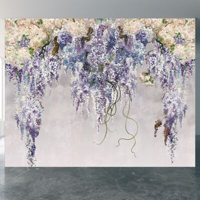 Lilac branches on the Gray Background Wall Mural Wallpaper Wall Art Peel & Stick Self Adhesive Decor Textured Large Wall Art Print
