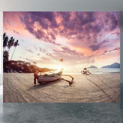 Fisherman Boat on the Tropical Beach Wall Mural Wallpaper Wall Art Peel & Stick Self Adhesive Decor Textured Large Wall Art Print