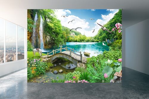 Tropical View with a Waterfall Wall Mural Wallpaper Wall Art Peel & Stick Self Adhesive Decor Textured Large Wall Art Print
