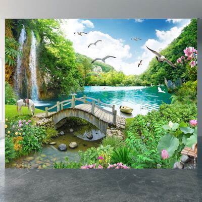Tropischer Blick mit einem Wasserfall, Wandbild, Tapete, Wandkunst, abziehen und aufkleben, selbstklebendes Dekor, strukturierter großer Wandkunstdruck