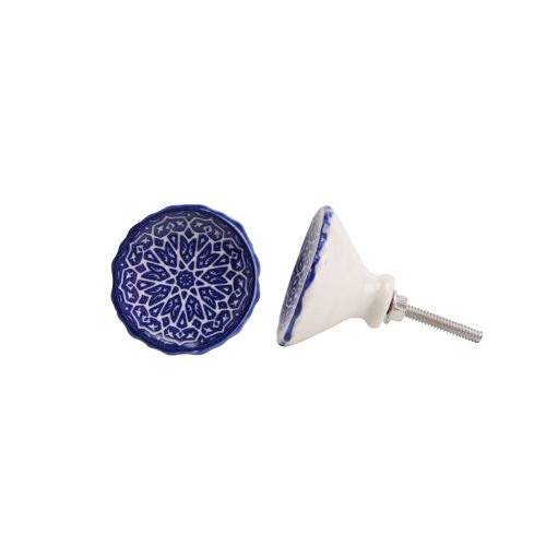 Round White & Blue Patterned Drawer Pull
