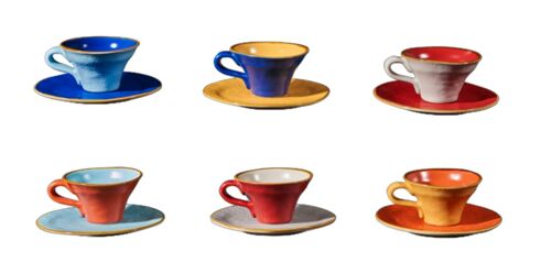 Colored Tea or Coffee cups with saucer - Set of 6 -