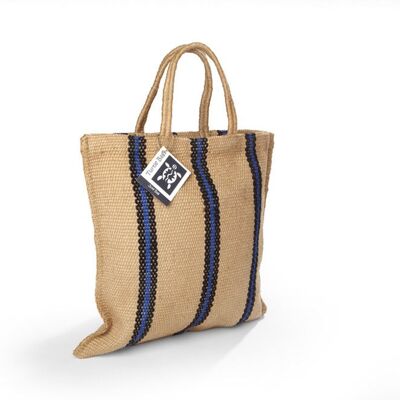 Short Handled Stripey Jute Bag - Blue & Black