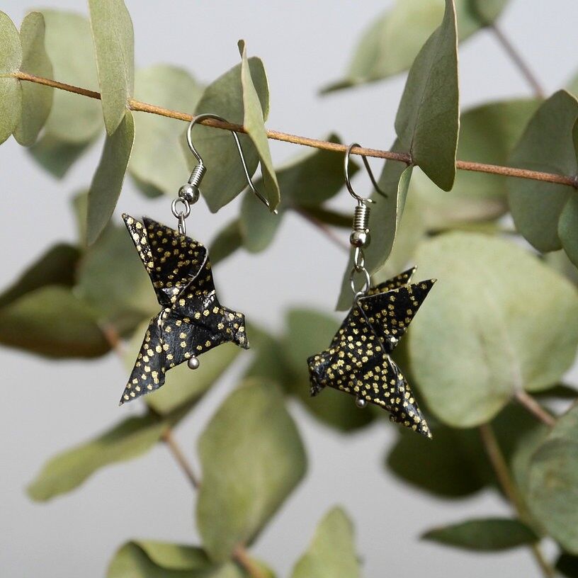 Pendientes origami - Pareja de palomas negras y doradas