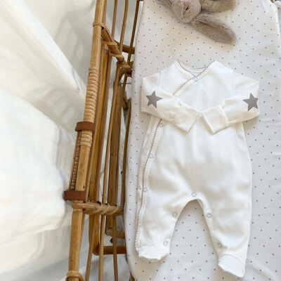 Thin baby pajamas in organic cotton with gray elbow patches