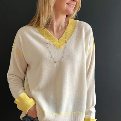 Chloe VK Cashmere Contrast Trim Jumper- Cream with Lemon