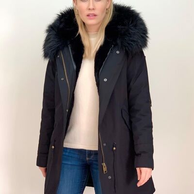 Black Parka with Faux Fur Lining and Collar  Black