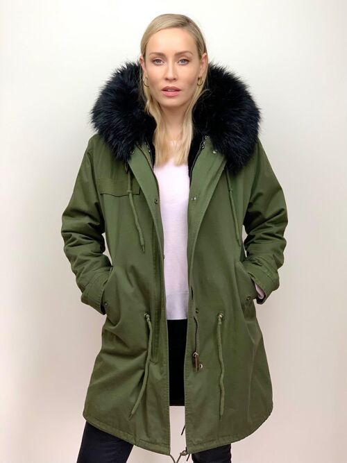 Khaki Parka with Faux Fur Lining and Collar  Black