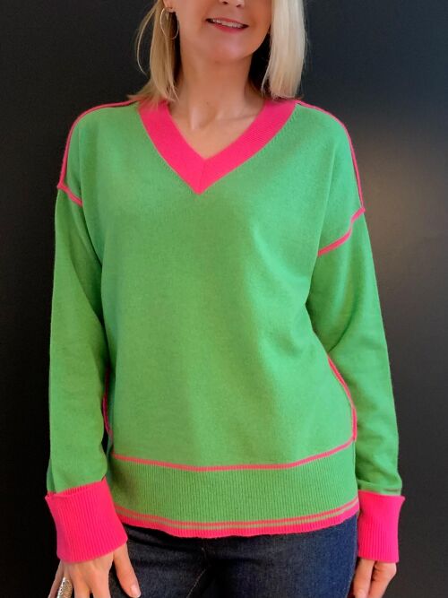 Chloe VK Cashmere Contrast Trim Jumper- Green and Hot Pink