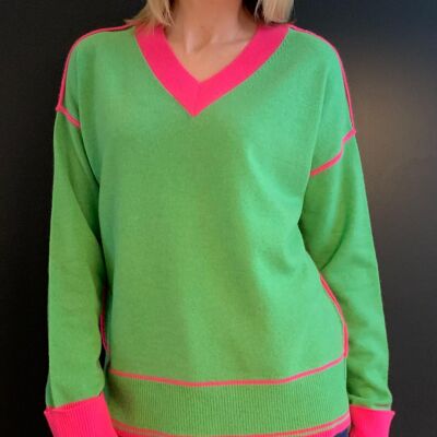 Chloe VK Cashmere Contrast Trim Jumper- Green and Hot Pink