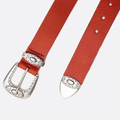 Leather Belt with Silver Buckle- Red