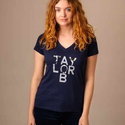TaylorB T-Shirt in Navy with silver and animal print letters