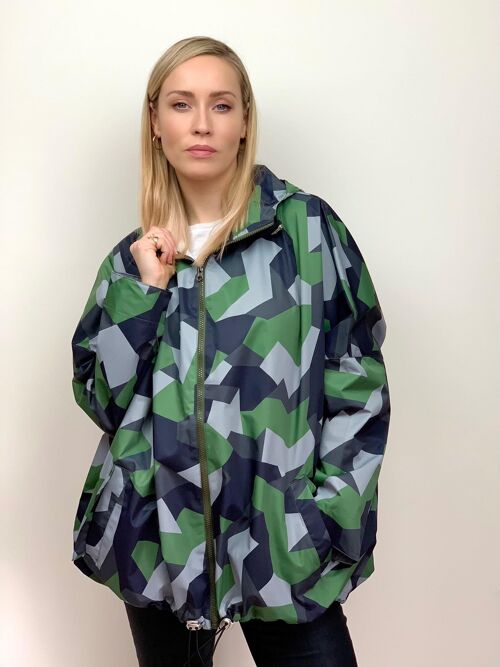 Raincoat in Green Geometric Print