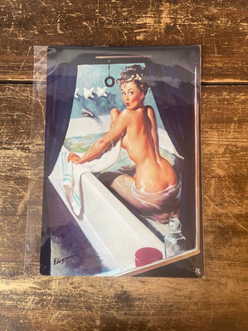 Bathroom Pin Up Girl In Bath through window Metal Sign 6x8inch