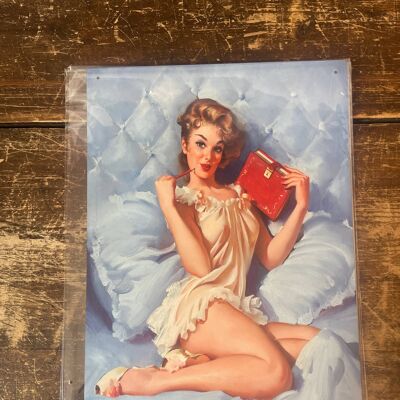 Bedroom Bed Book Pin Up Girl In Bath- Metal Sign 11x16inch