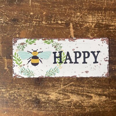 Bee Happy - Letrero de pared publicitario de metal 12x6 pulgadas