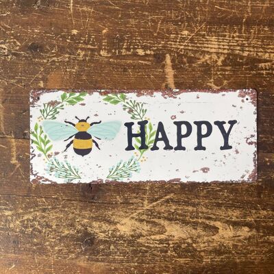 Bee Happy - Cartello pubblicitario da parete in metallo 16x8 pollici