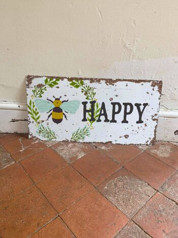 Bee Happy - Plaque murale publicitaire en métal 24x12inch 2