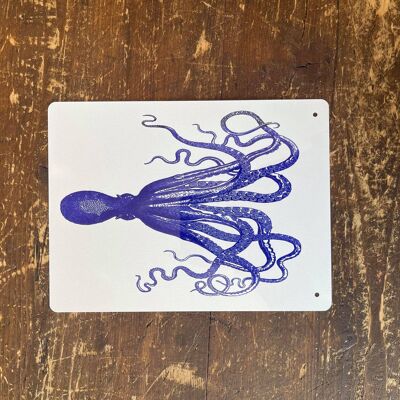 Blue Octopus - Targa da parete botanica in metallo 11x16 pollici