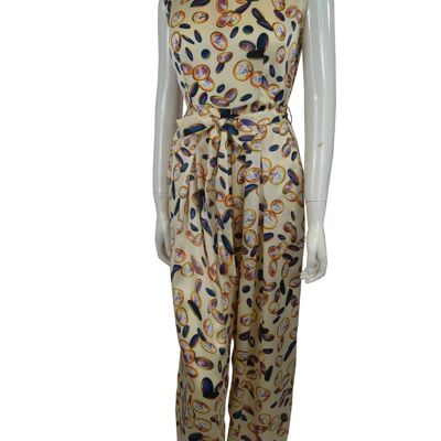 Printed Wide Leg Jumpsuit - Beige