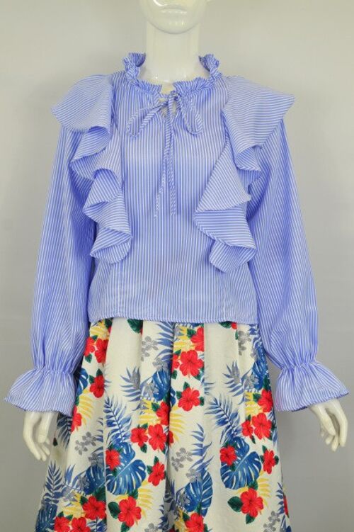 Ruffle Tie Neck Top - Blue