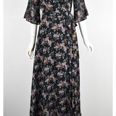 Floral Print Wrap Midi Dress Black - Beige