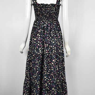 Vestido midi a capas con tiras y hombros descubiertos fruncidos florales en negro - Negro