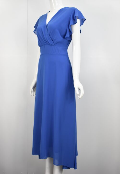 Chiffon Midi Dress with V-Neck in Royal Blue - Royal Blue
