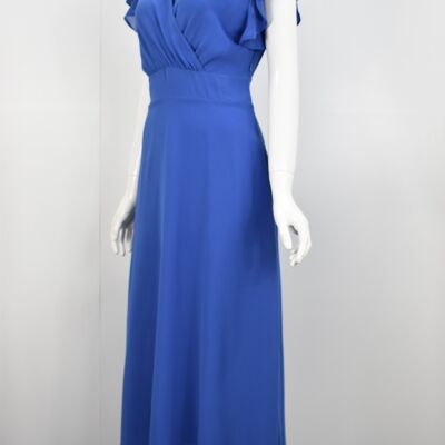 Robe mi-longue en mousseline de soie avec col en V en bleu royal - Rouge corail