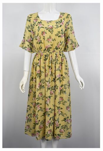 Robe mi-longue à imprimé floral et manches courtes à volants - Jaune 3