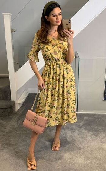 Robe mi-longue à imprimé floral et manches courtes à volants - Jaune 5