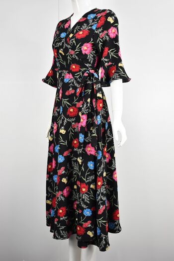 Robe mi-longue portefeuille à imprimé floral noir - Noir 4