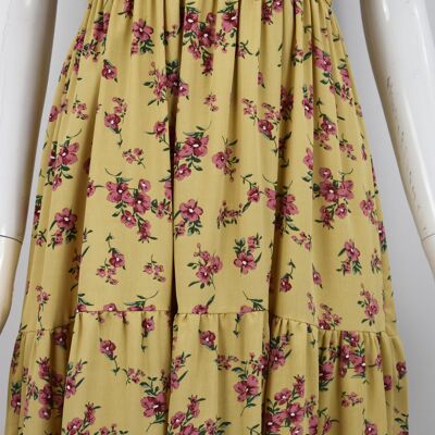 Floral Shirred Off Shoulder Tie Strap Tiered Midi Dress In Yellow - Yellow
