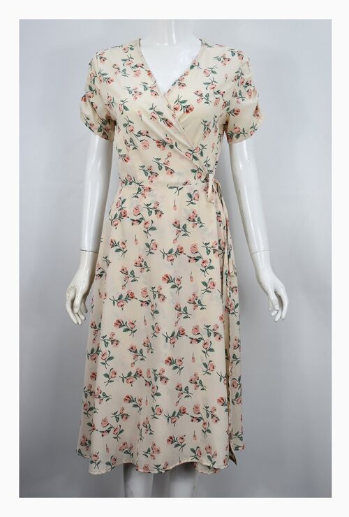 Floral Wrap Midi Dress With Ruched Sleeve - Light Pink