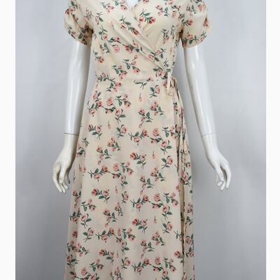 Floral Wrap Midi Dress With Ruched Sleeve - Light Pink