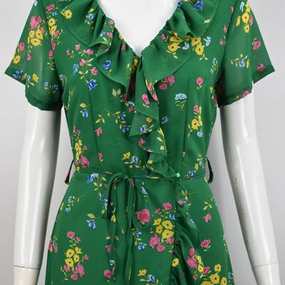 Mini robe portefeuille à volants et fleurs en vert - Vert