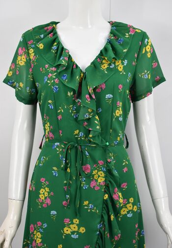 Mini robe portefeuille à volants et fleurs en vert - Vert 1
