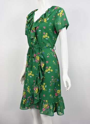 Mini robe portefeuille à volants et fleurs en vert - Vert 3