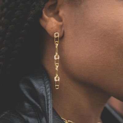 Jet Safety Pin Drop Earrings - Gold