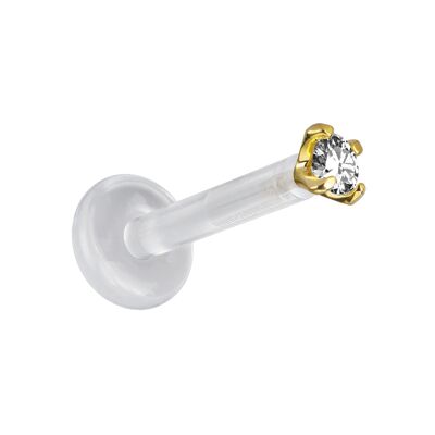 Labret aus Bioplast® 18K Gold mit Zirkonia (1.2mm) Farbe:White|Materialstärke (mm):1.2|Länge (mm):6.0|Kopfgröße (mm):2.0 (Stein) (SKU: 70313-1)