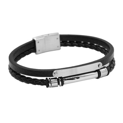 Lederarmband mit Edelstahl Farbe:Silber|Breite (cm):1.0|Länge (cm):20.5 (SKU: 90353-1)