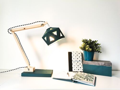 Lampe de bureau origami bois et bleu canard