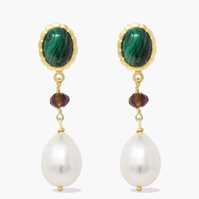 Malachite, Garnet & Pearl Drop Earrings